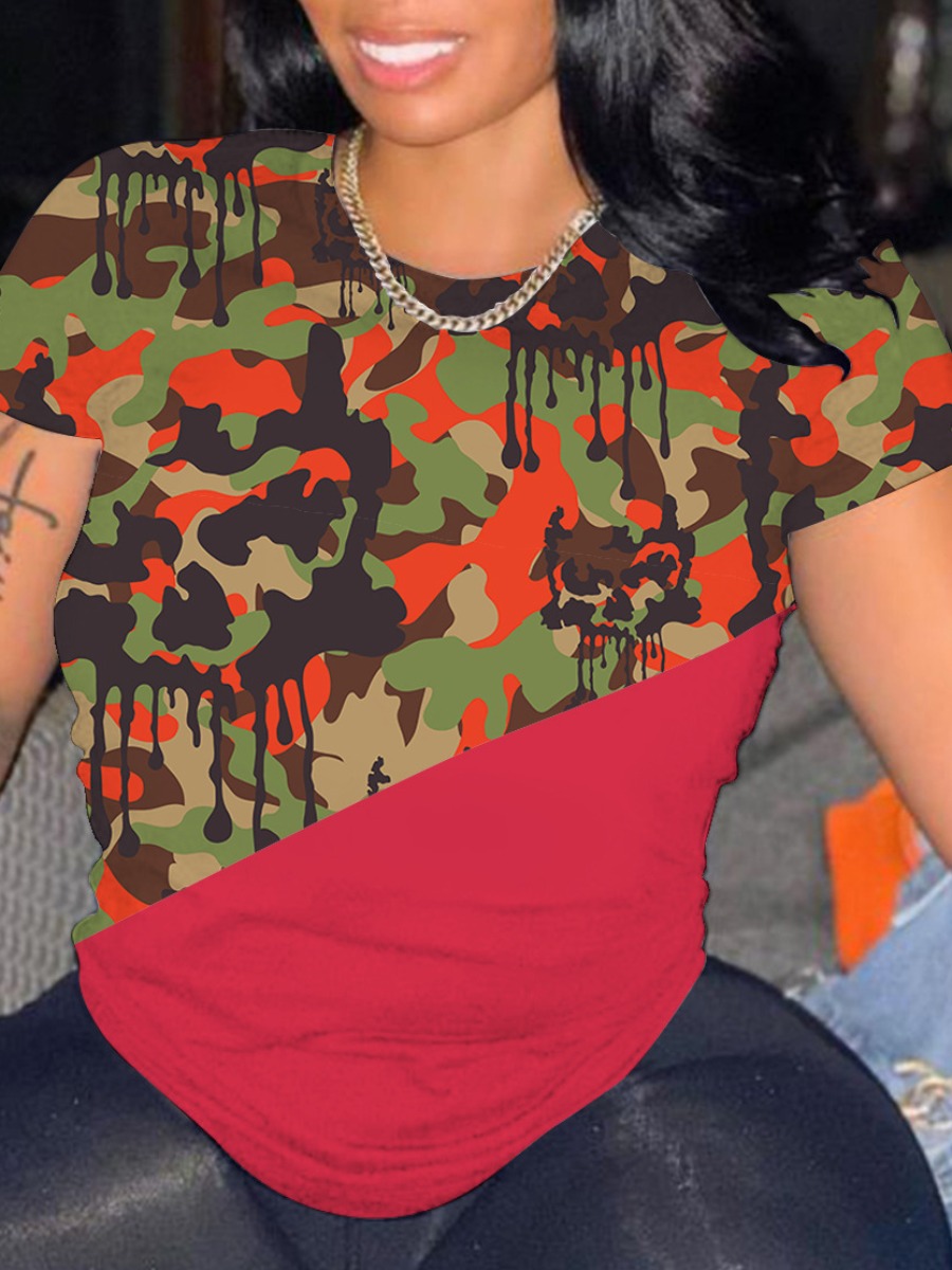 

LW Round Neck Camo Print T-shirt, Red