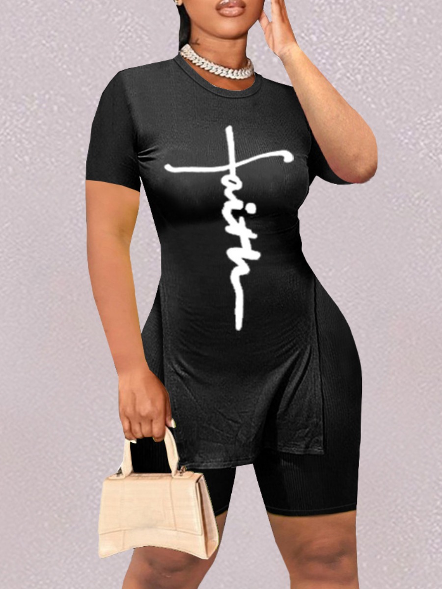 

LW Letter Print Split Shorts Set, Black