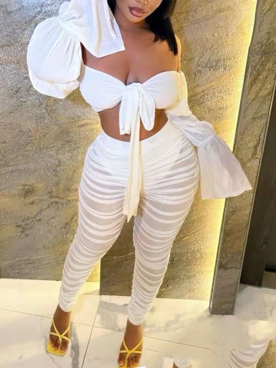 

LW SXY See-through Bandage Design Ruched Pants Set, White