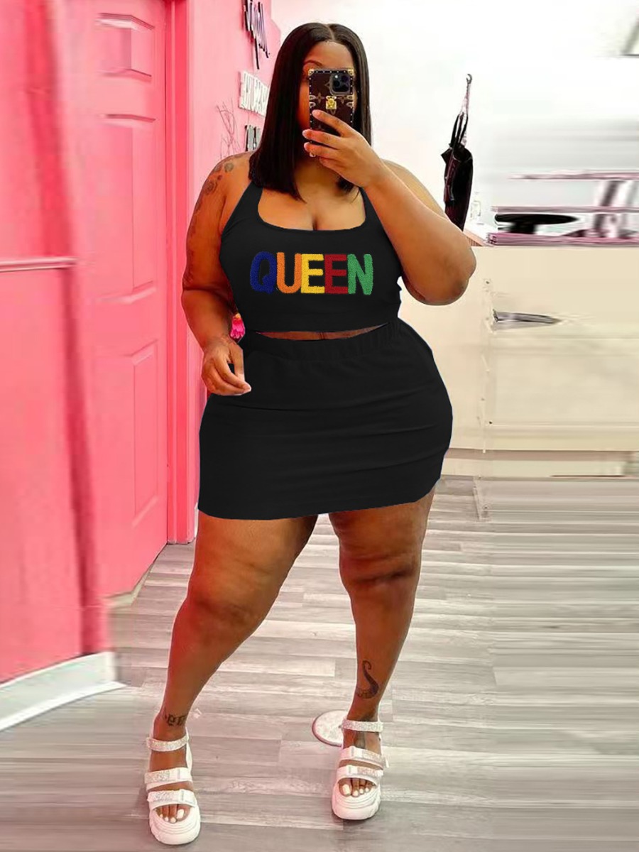 LW Plus Size U Neck Letter Print Skirt Set