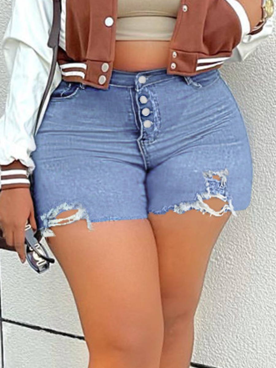 

LW Plus Size Mid Waist Raw Edge Denim Shorts, Blue