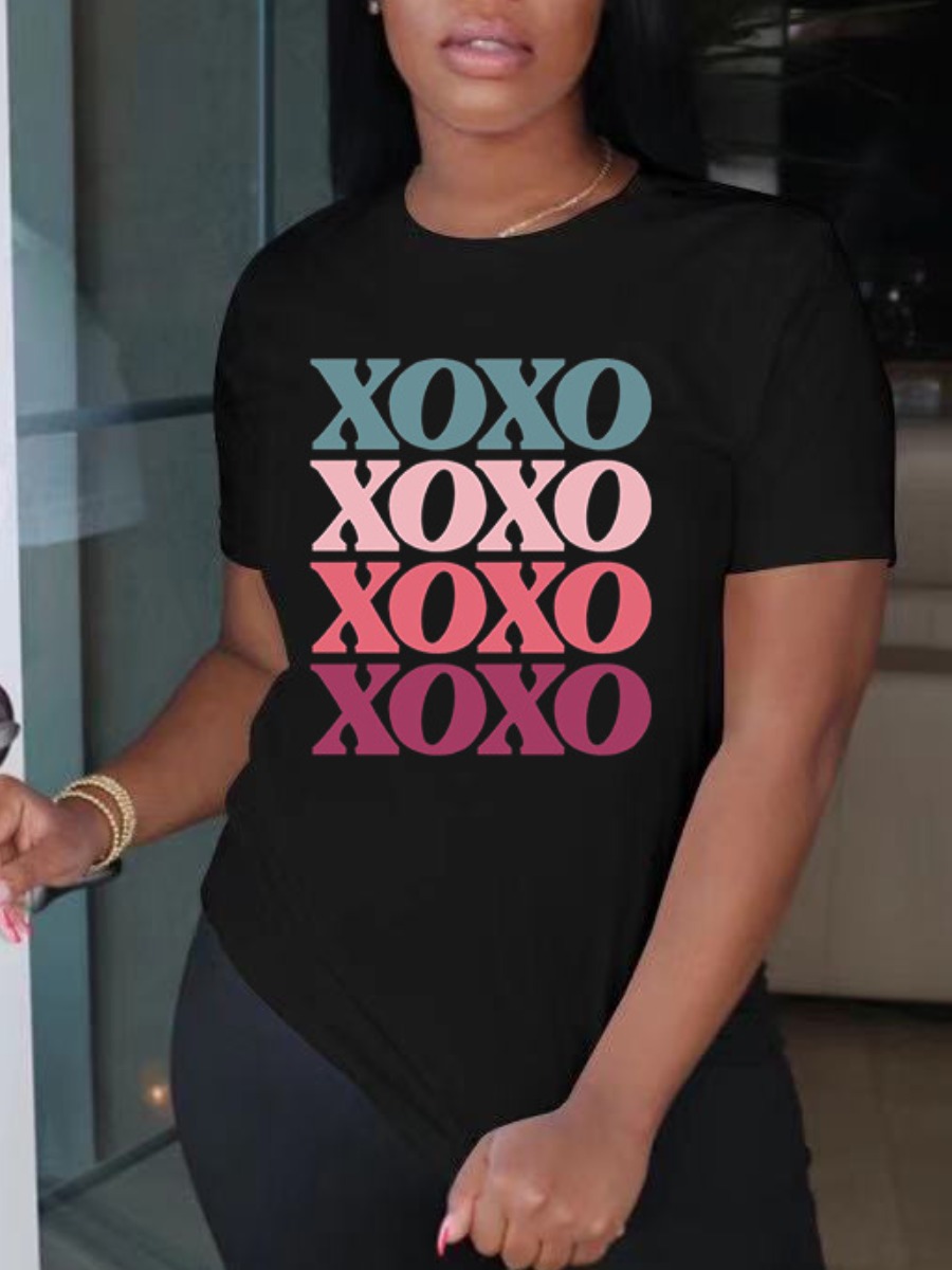 

LW Plus Size Round Neck Letter Print T-shirt, Black