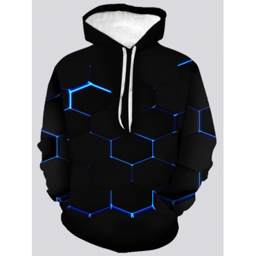 

LW Men Geometric Print Kangaroo Pocket Hoodie, Black