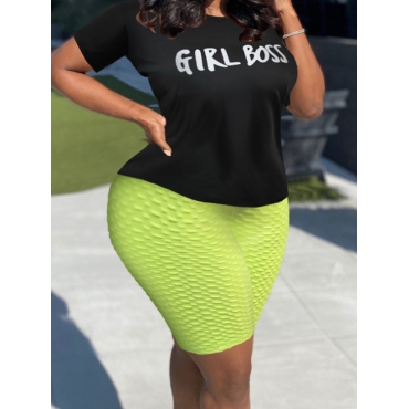 

LW Plus Size Round Neck Letter Print Shorts Set, Black