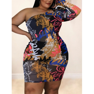 

LW Plus Size Letter Print See-through Bodycon Dress, Multi