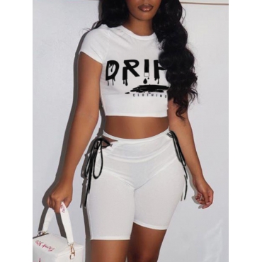 

LW Chic Letter Print Bandage Hollow-out Design White Two Piece Shorts Set