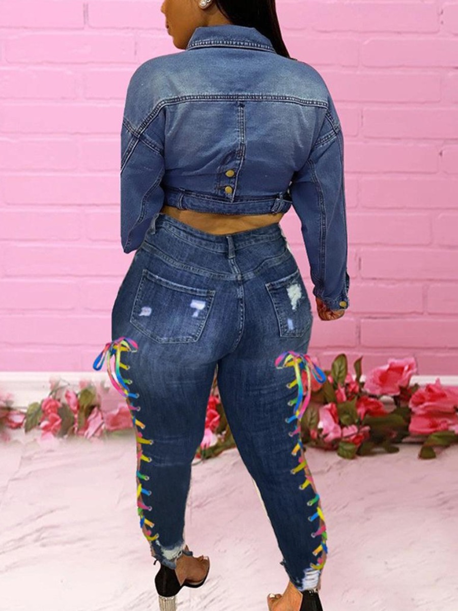 LW Plus Size Bandage Design Ripped Jeans, Deep blue