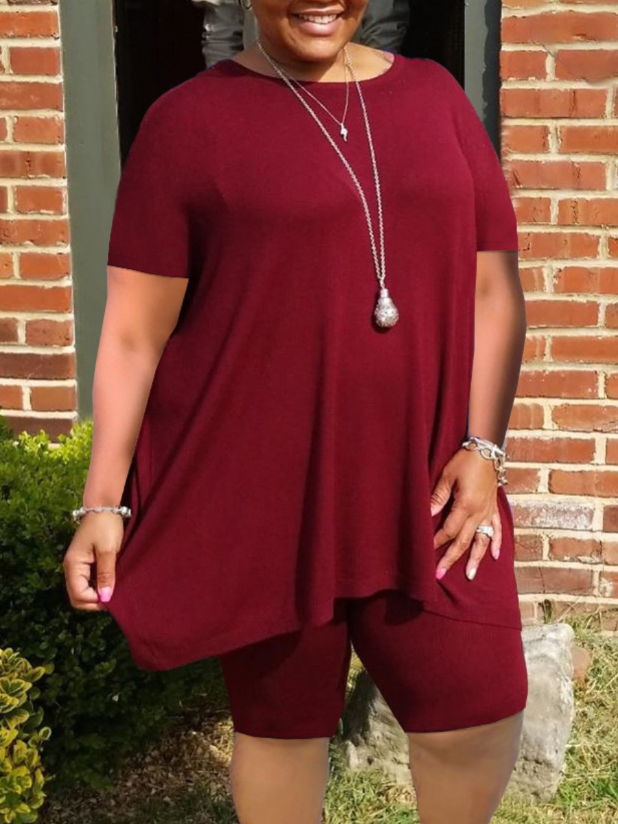 

LW BASICS Plus Size Round Neck Regular Fit Shorts Set, Wine red