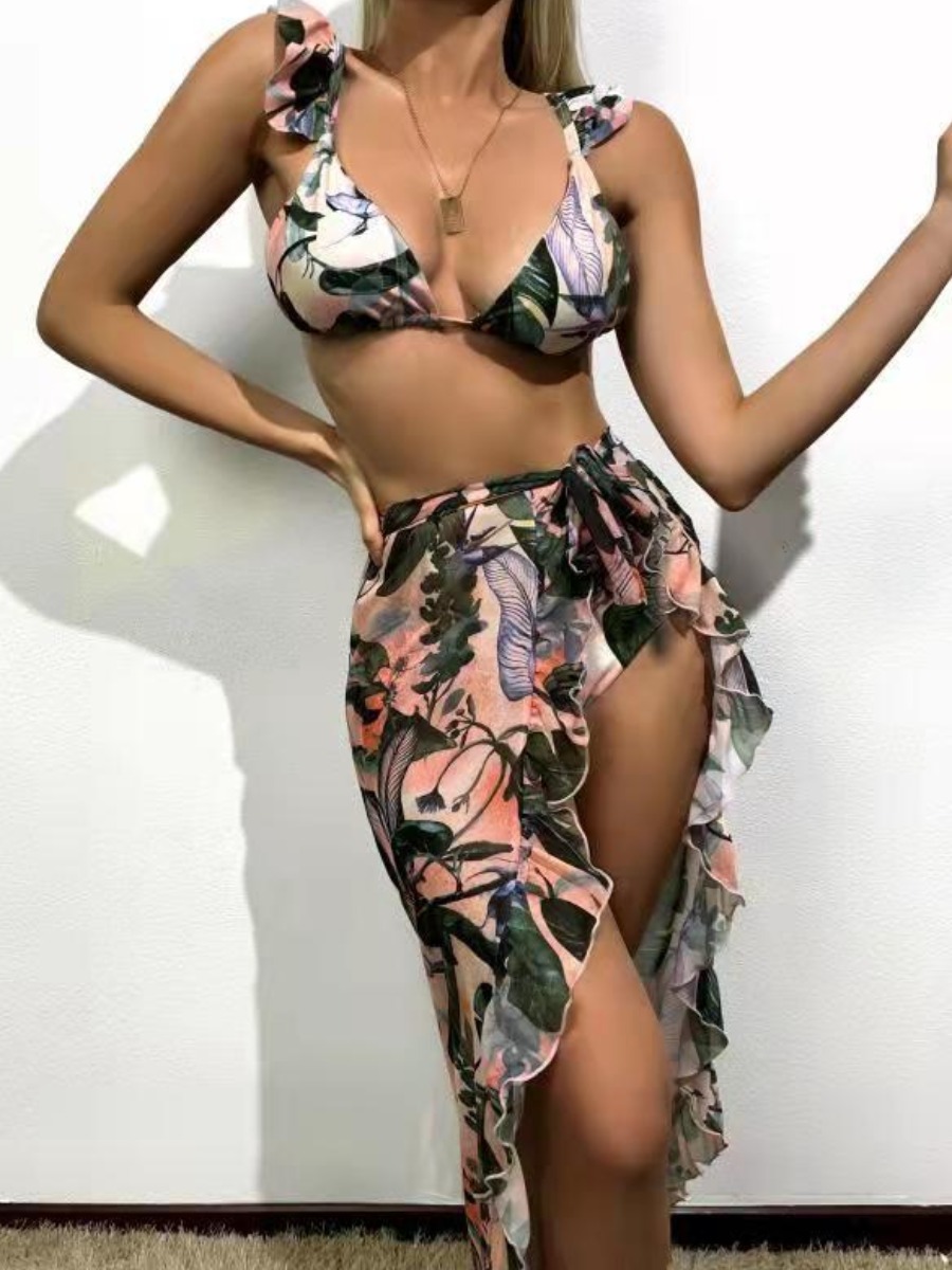 

LW Floral Print Flounce Design Three-piece Swimsuit, Multi