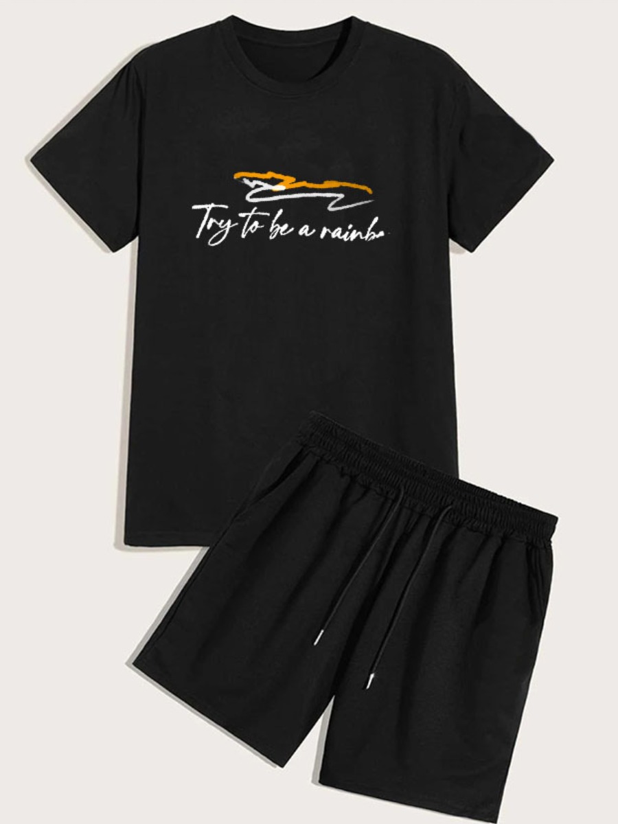 

LW Men Letter Print Drawstring Shorts Set, Black