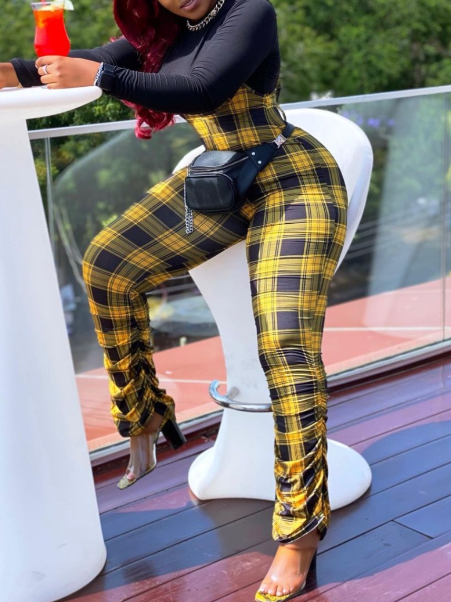 LW Plus Size Plaid Print Ruched Overall Pants Set
