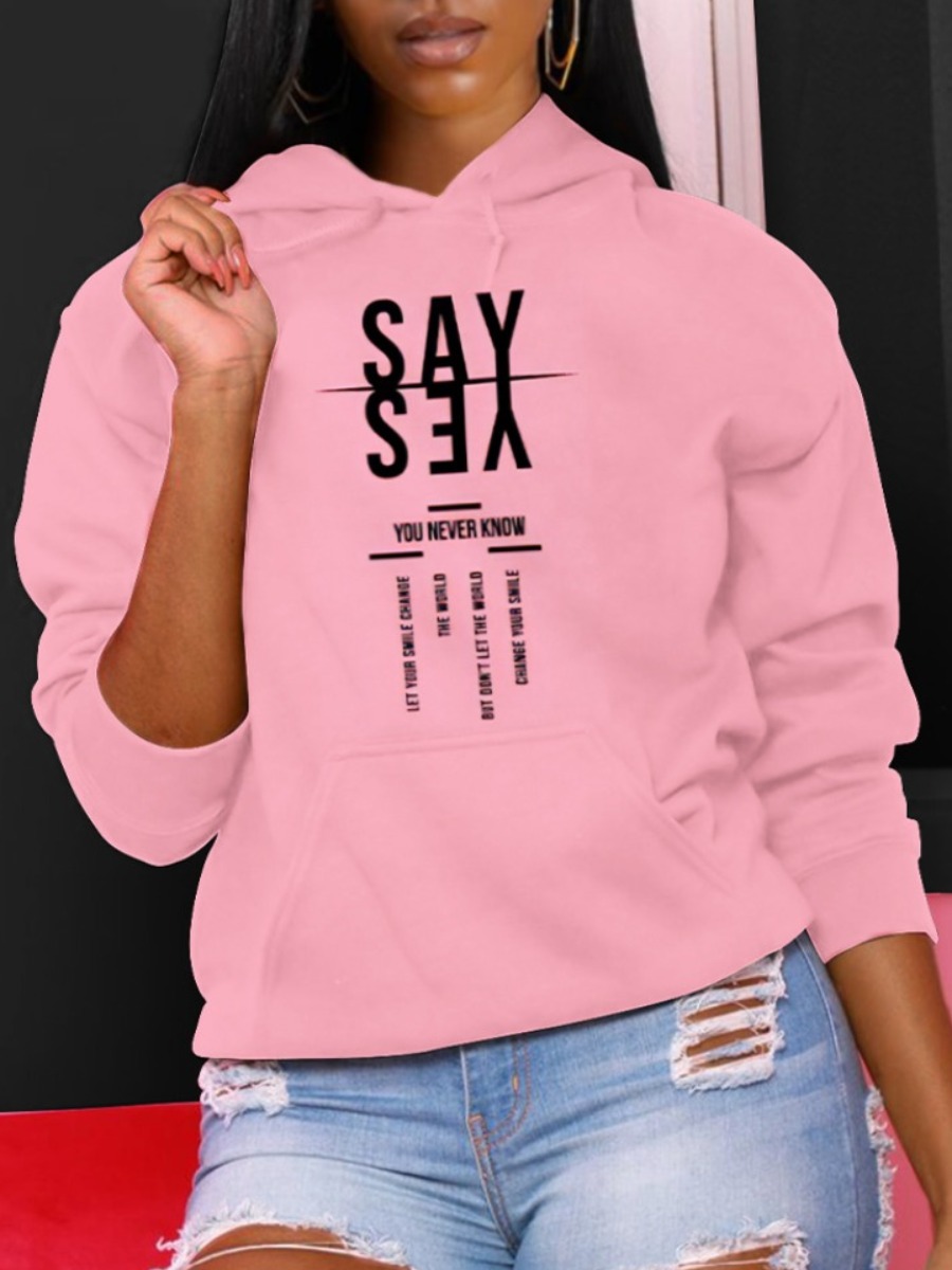 

LW Cotton Letter Print Loose Hoodie, Pink