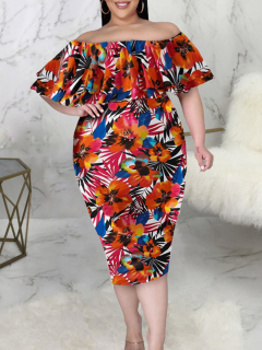 LW Plus Size Floral Print Flounce Design Bodycon Dress