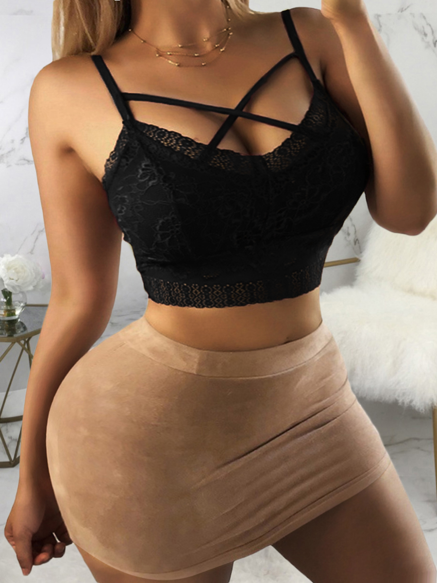 

LW SXY Plus Size Lace Cross Strap Bra, Black