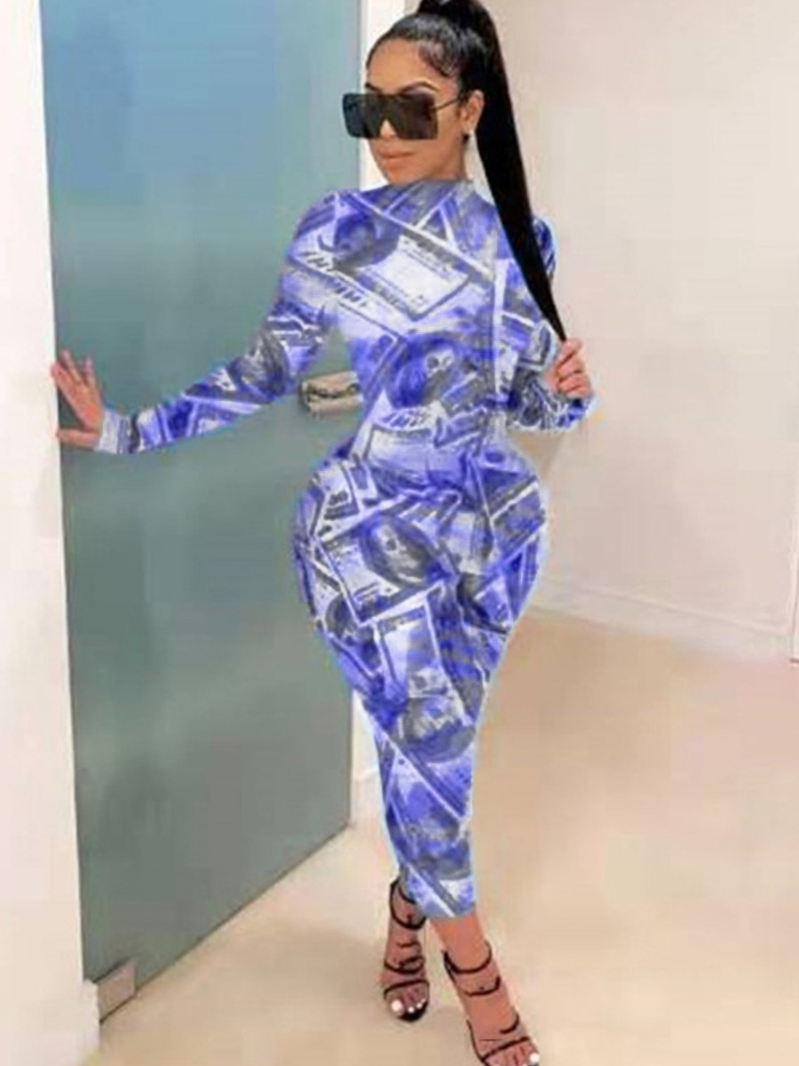 

LW Polyester Pattern Money Print Bodycon Dress, Baby blue
