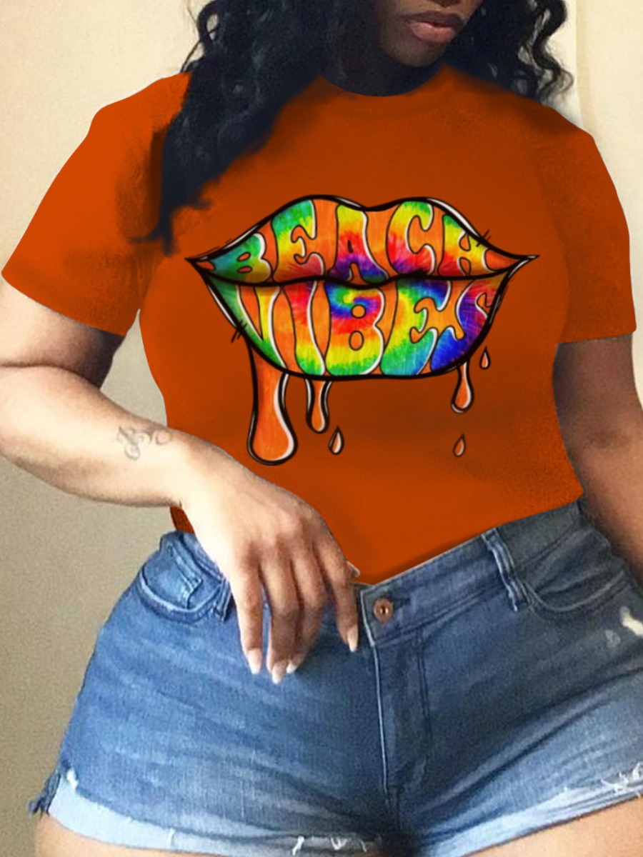 

LW Plus Size Round Neck Lip Print T-shirt, Deep orange
