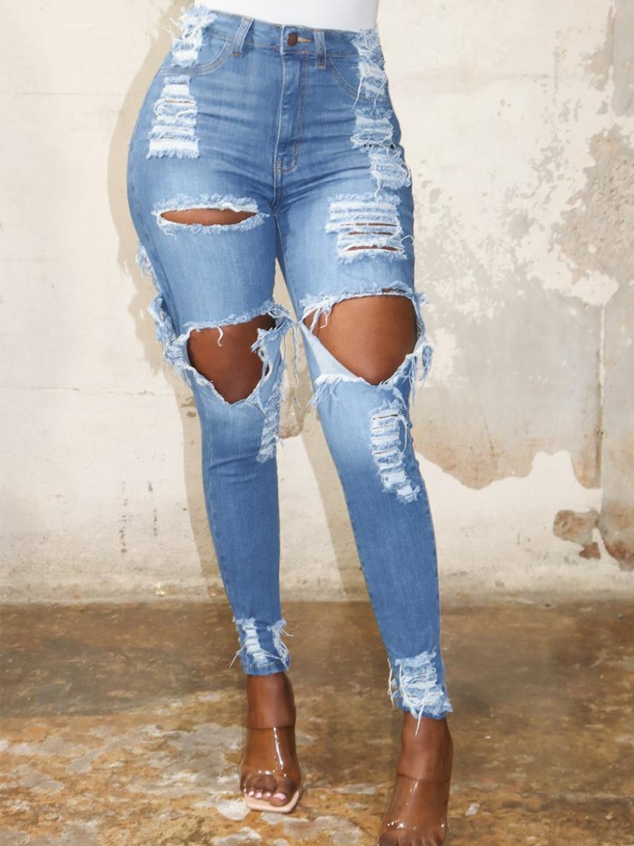 

LW Mid Waist Ripped Medium Stretchy Jeans, Blue