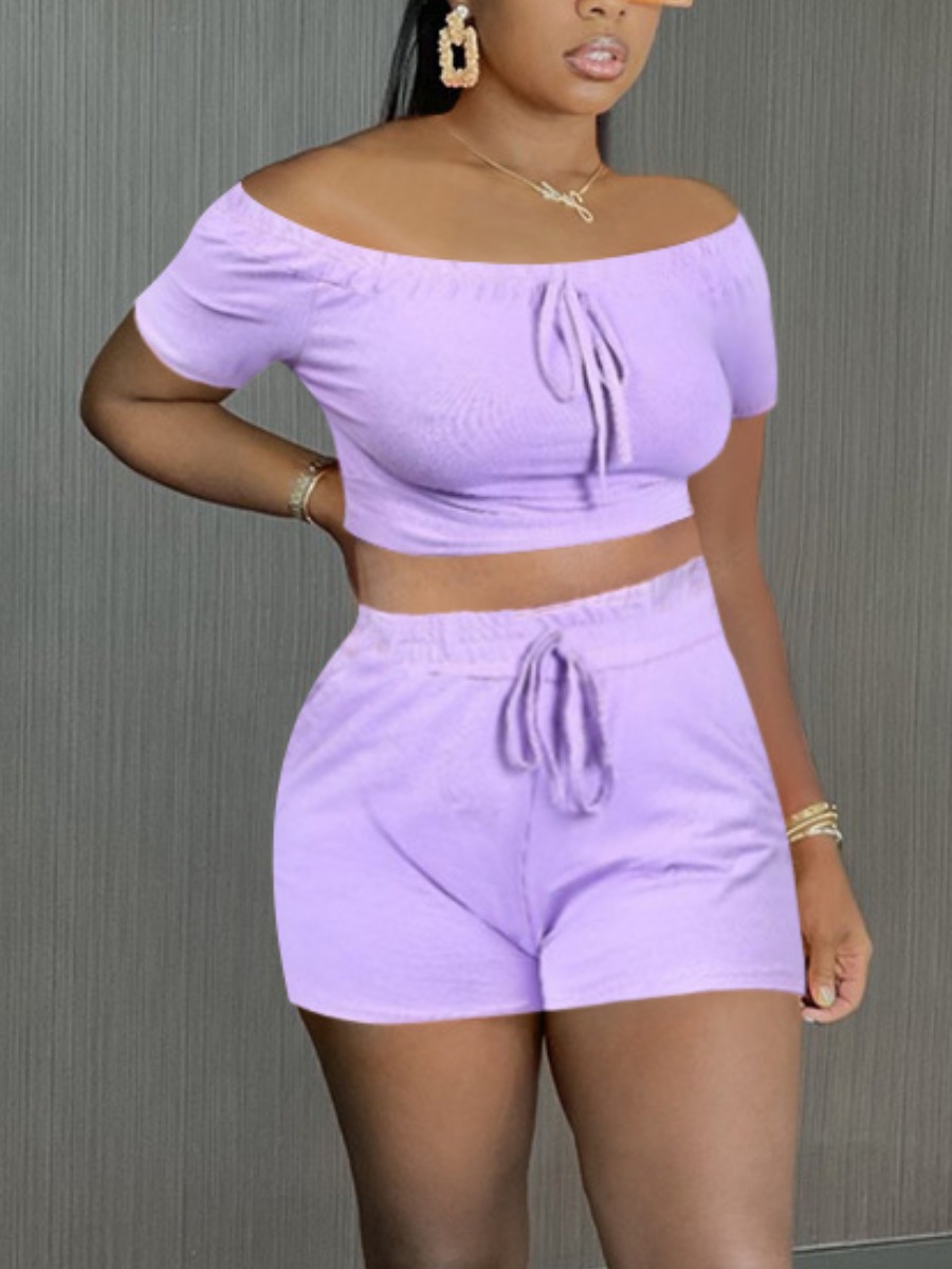 

LW Off The Shoulder Drawstring Shorts Set, Purple