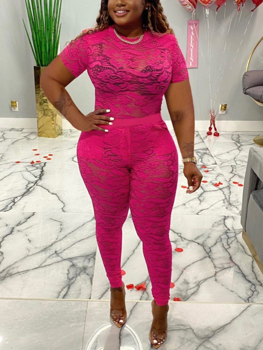 

LW SXY Plus Size Lace See-through Pants Set, Rose red