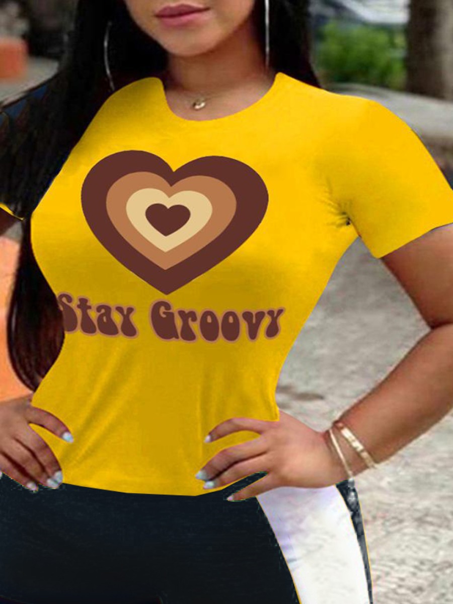 

LW Plus Size Letter Heart Print T-shirt, Yellow