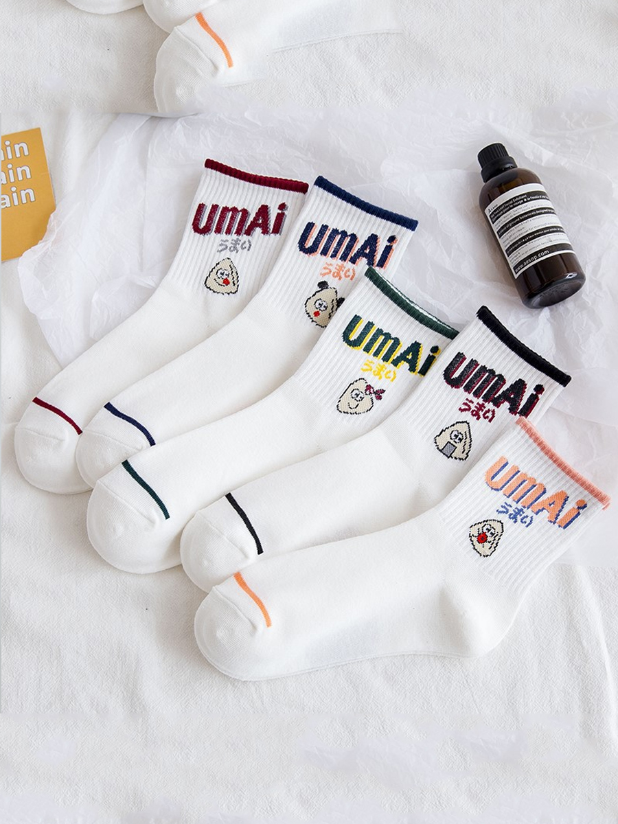 

LW COTTON 5-piece Cartoon Letter Print Socks, White