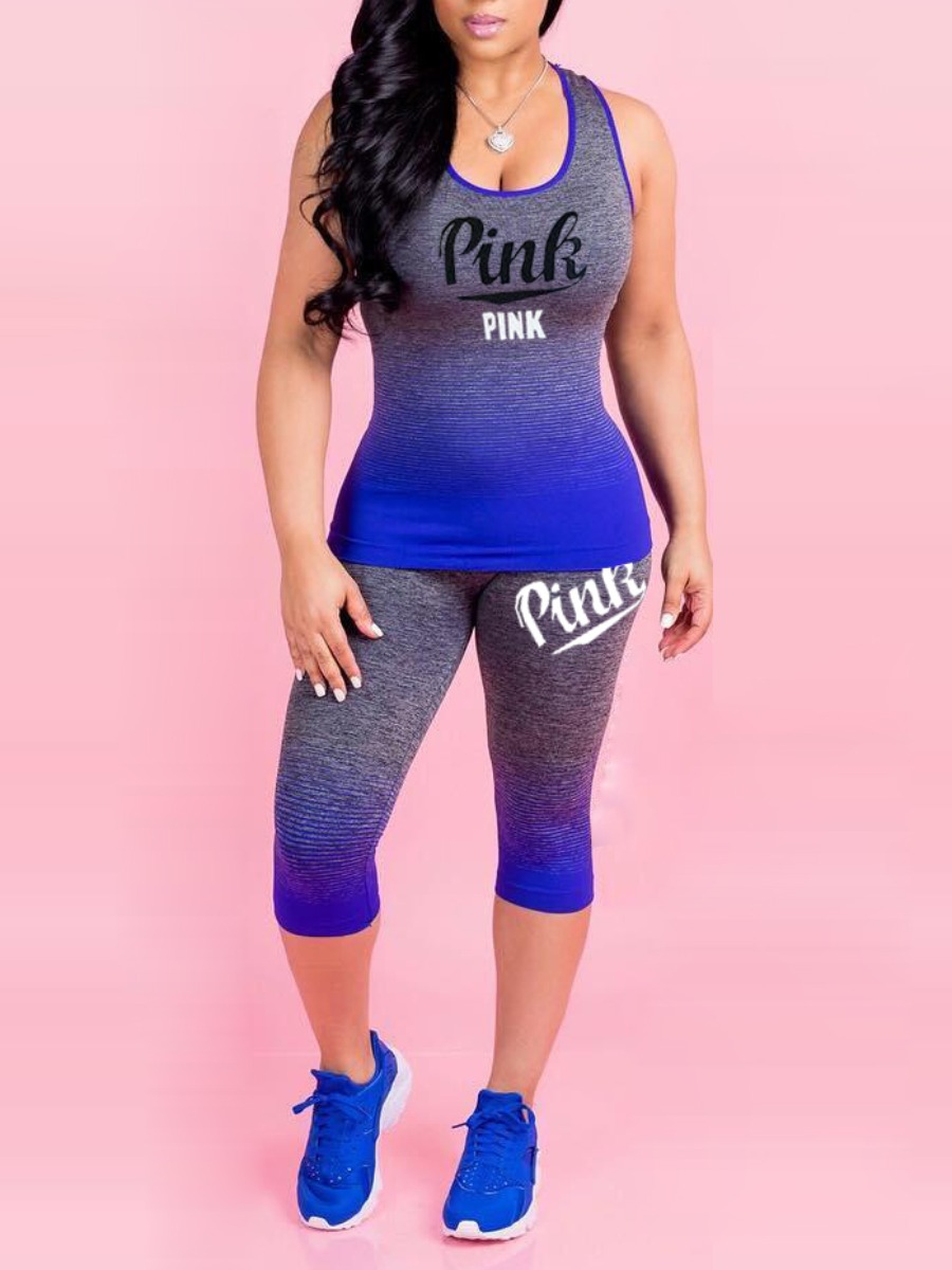 

LW Polyester Pink Letter Skinny Two-piece Pants Set, Blue