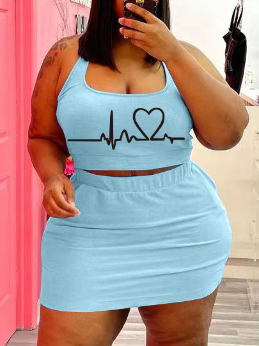 

LW BASICS Plus Size Heart Print Cami Skirt Set, Baby blue