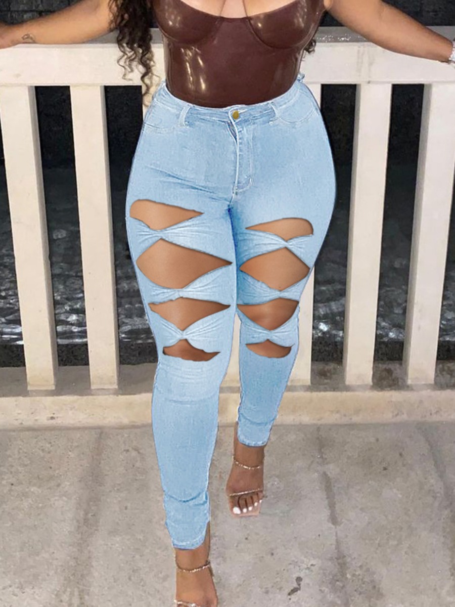 

LW Mid Waist Ripped Jeans, Baby blue