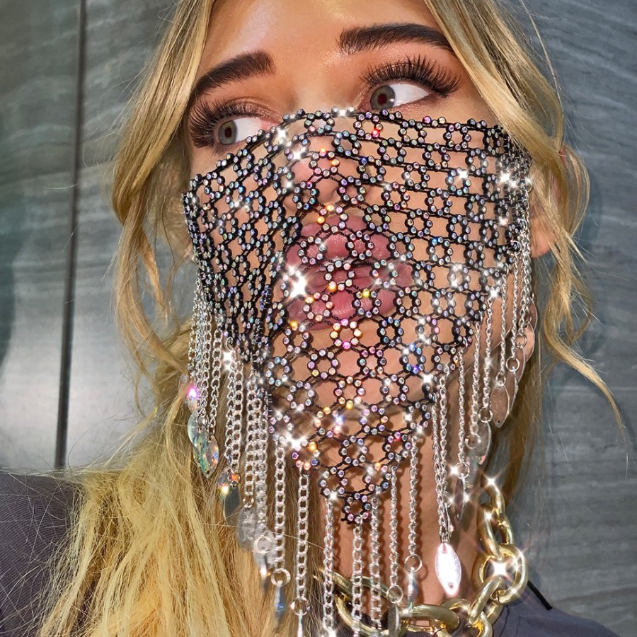 

LW SXY Rhinestone Tassel Design Face Mask (Handmade), Black