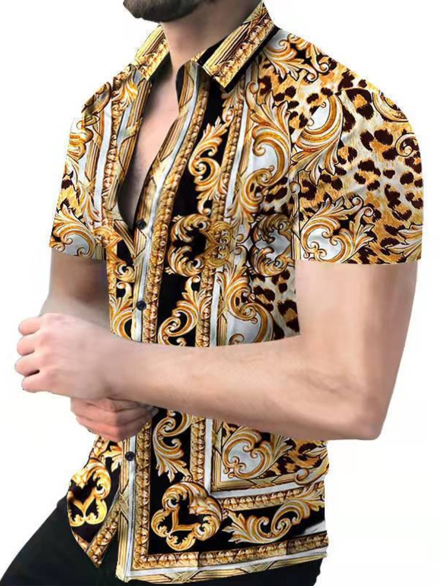 

LW Men Turndown Collar Leopard Print Shirt, Golden yellow