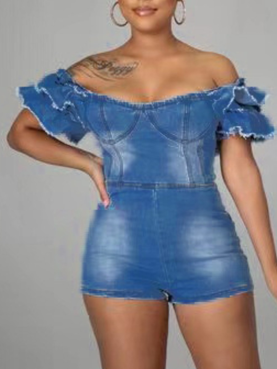 

LW Off The Shoulder Flounce Design Denim Romper, Baby blue