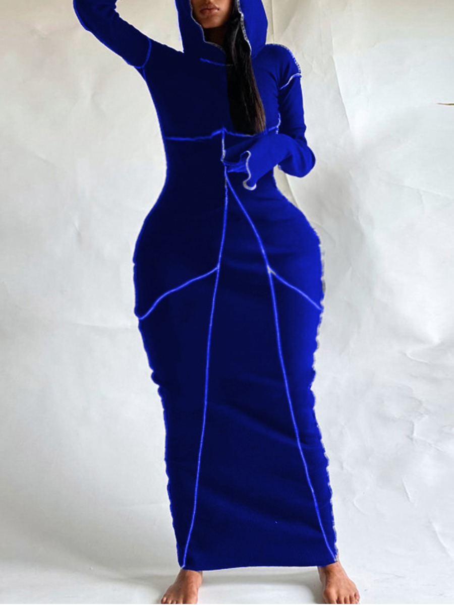 

LW Hooded Collar Line Stitching Bodycon Dress, Blue