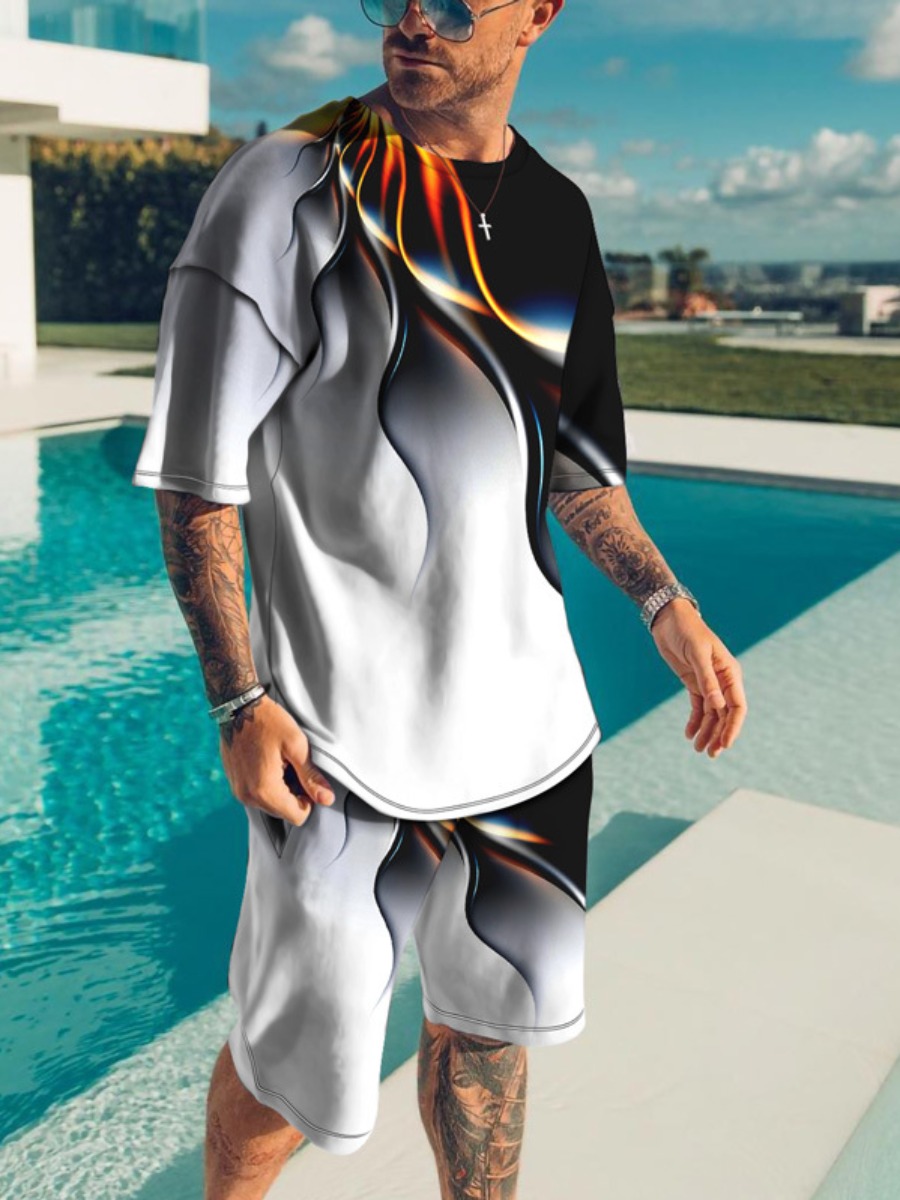 

LW Men Round Neck Gradient Shorts Set, Black and white