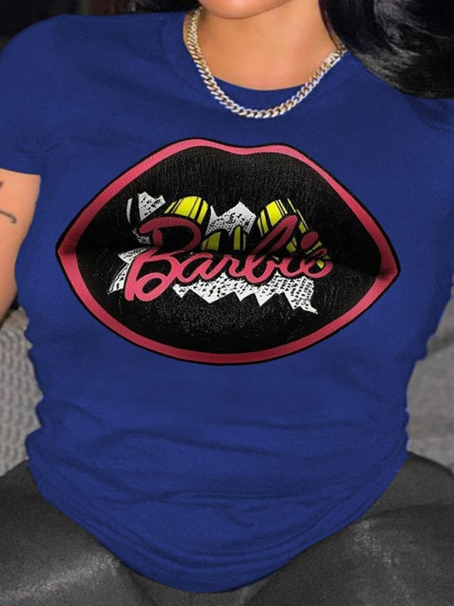 

LW Plus Size Letter Lip Print T-shirt, Deep blue