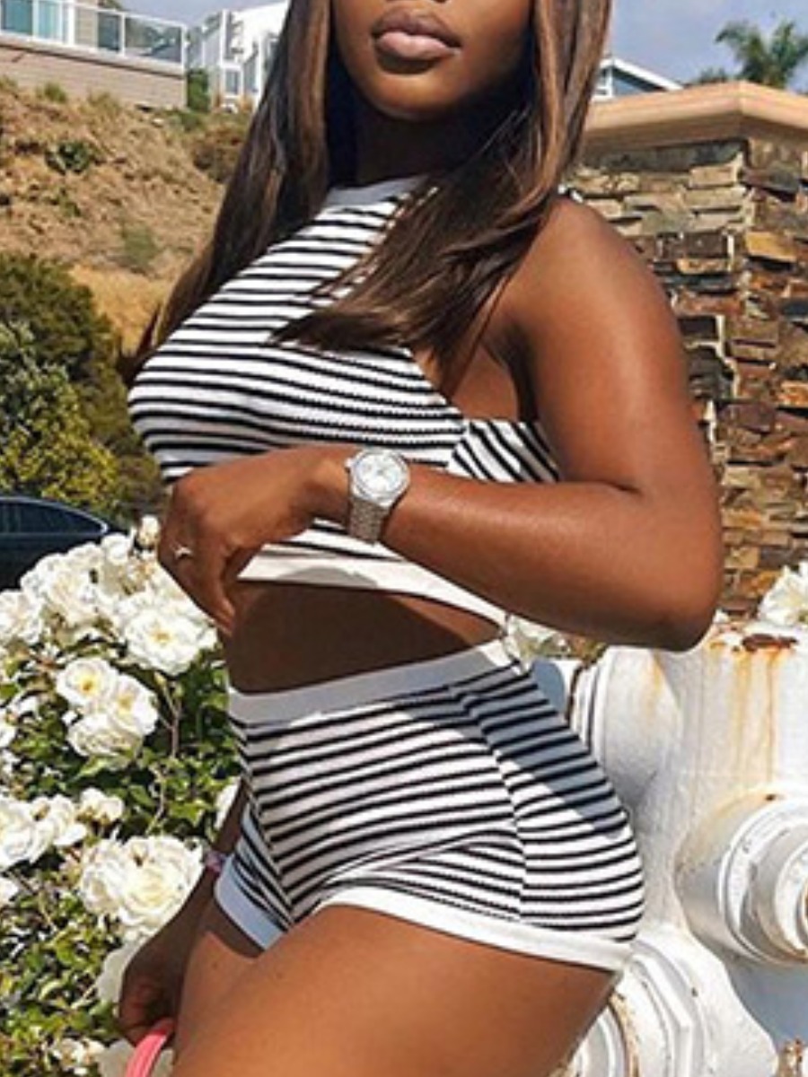 

LW Crop Top Striped Shorts Set, White