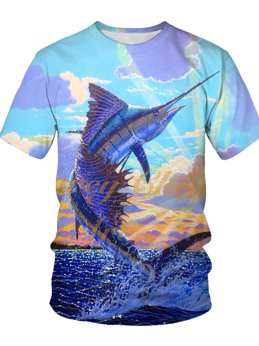 

LW Men Sea Fish Print T-shirt, Blue
