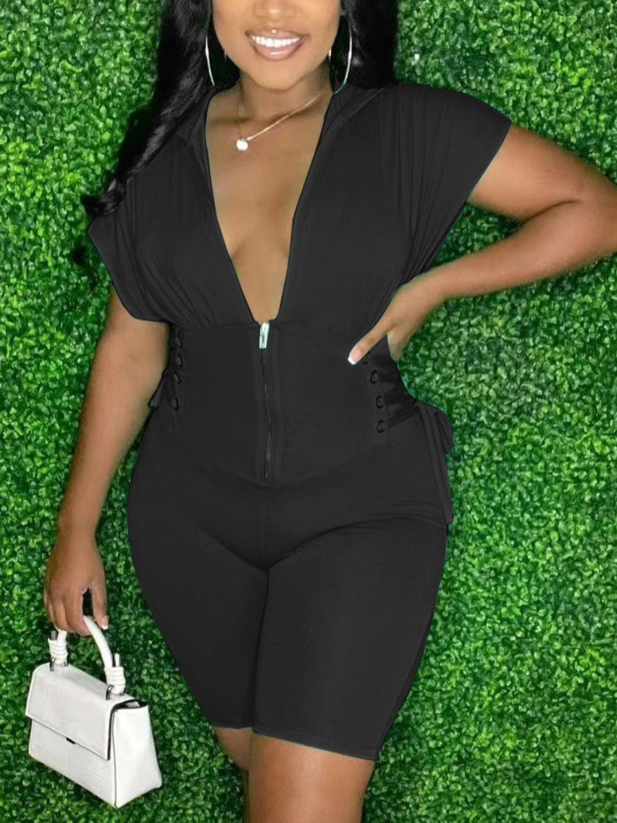 

LW Hooded Collar Zipper Design Romper, Black