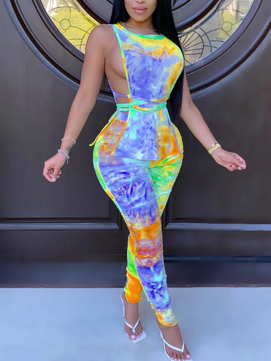 

LW SXY Plus Size Tie-dye Side Split Pants Set, Baby blue