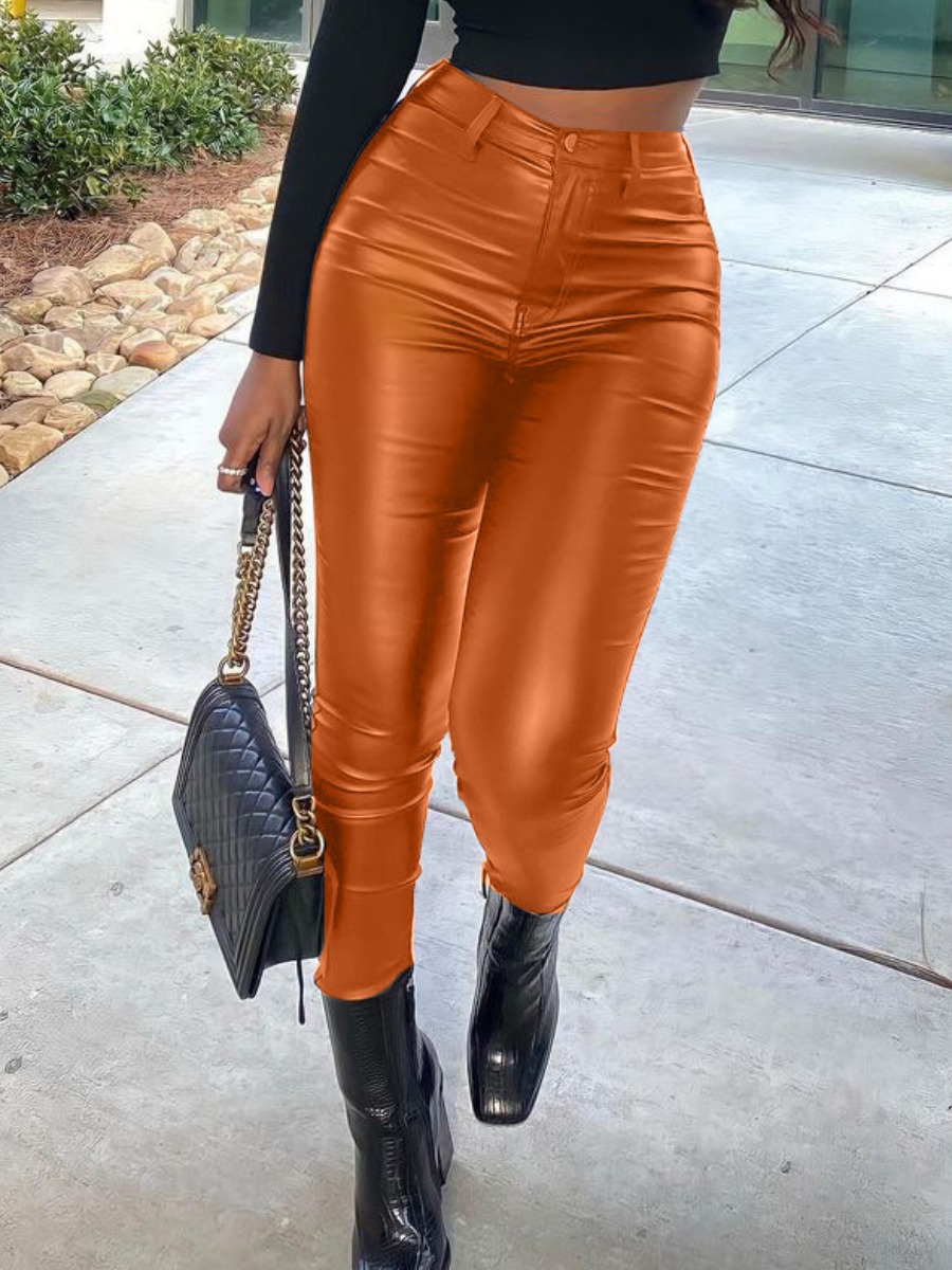 

LW SXY Leather Mid Waist Skinny Pants, Brown