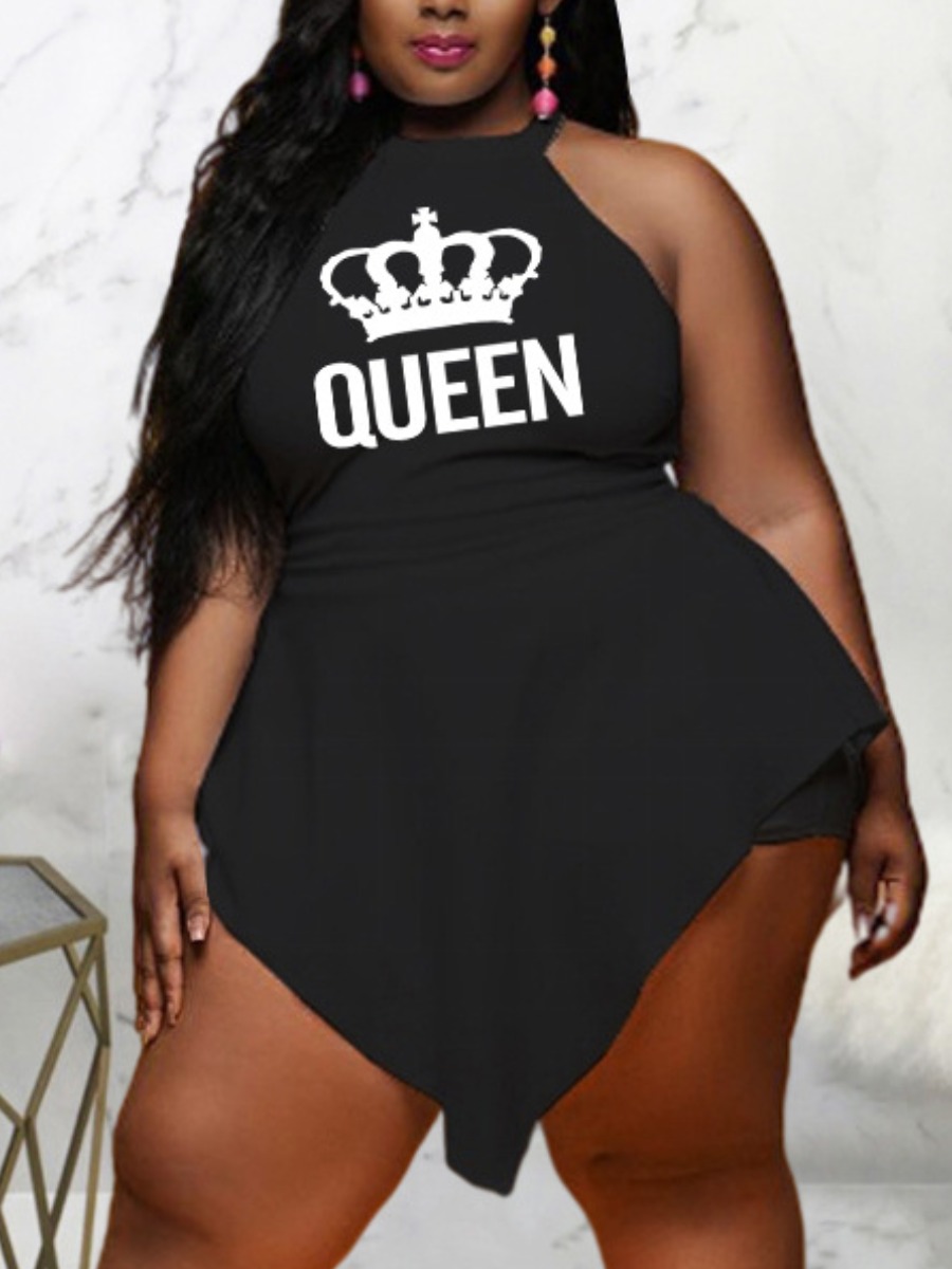

LW Plus Size Queen Print Overlay Skirt Romper, Black