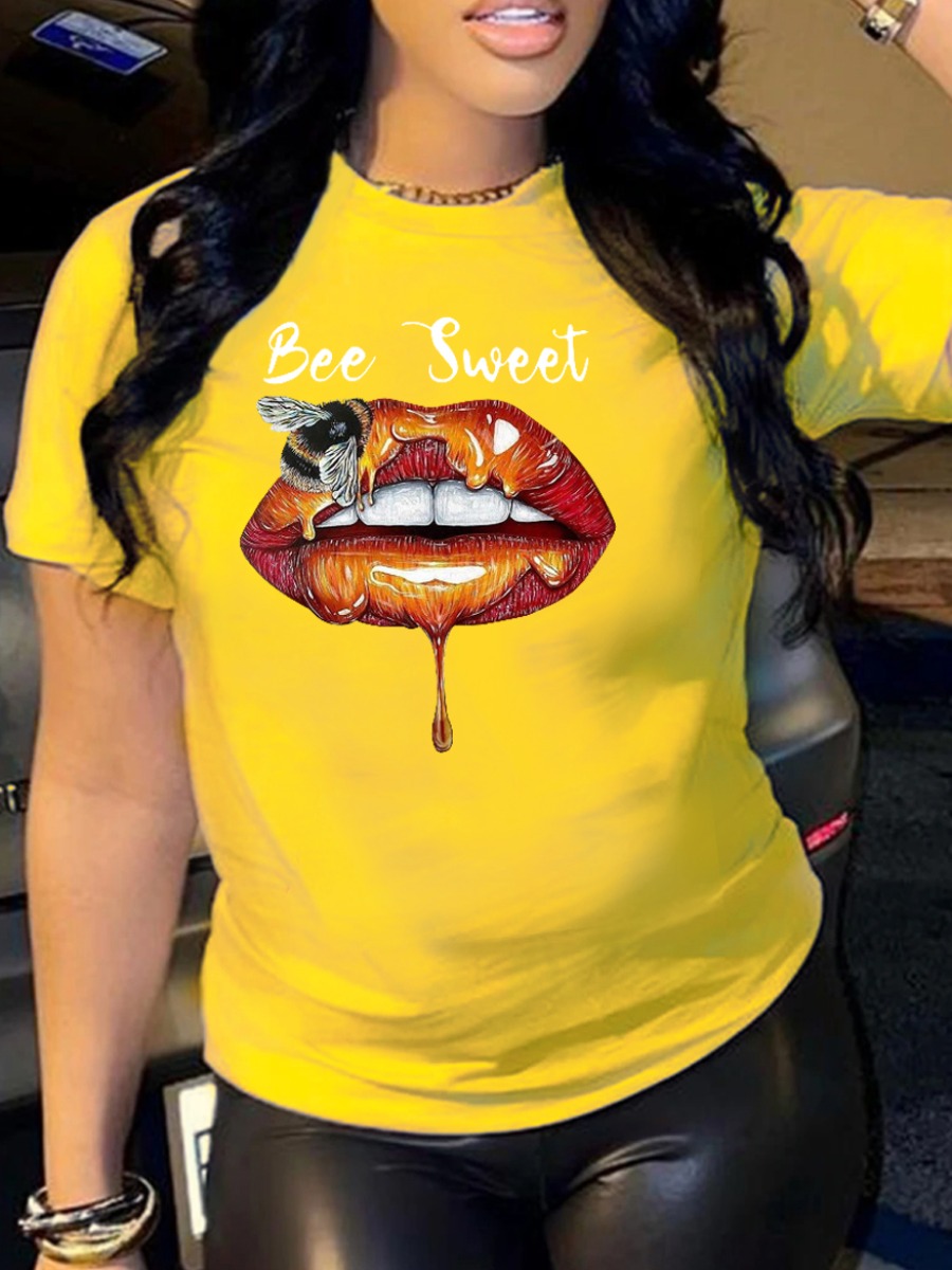 

LW Plus Size Bee Lip Print T-shirt, Yellow