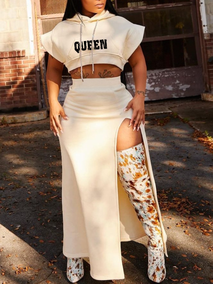

LW Queen Letter Print Thigh Slit Skirt Set, Apricot