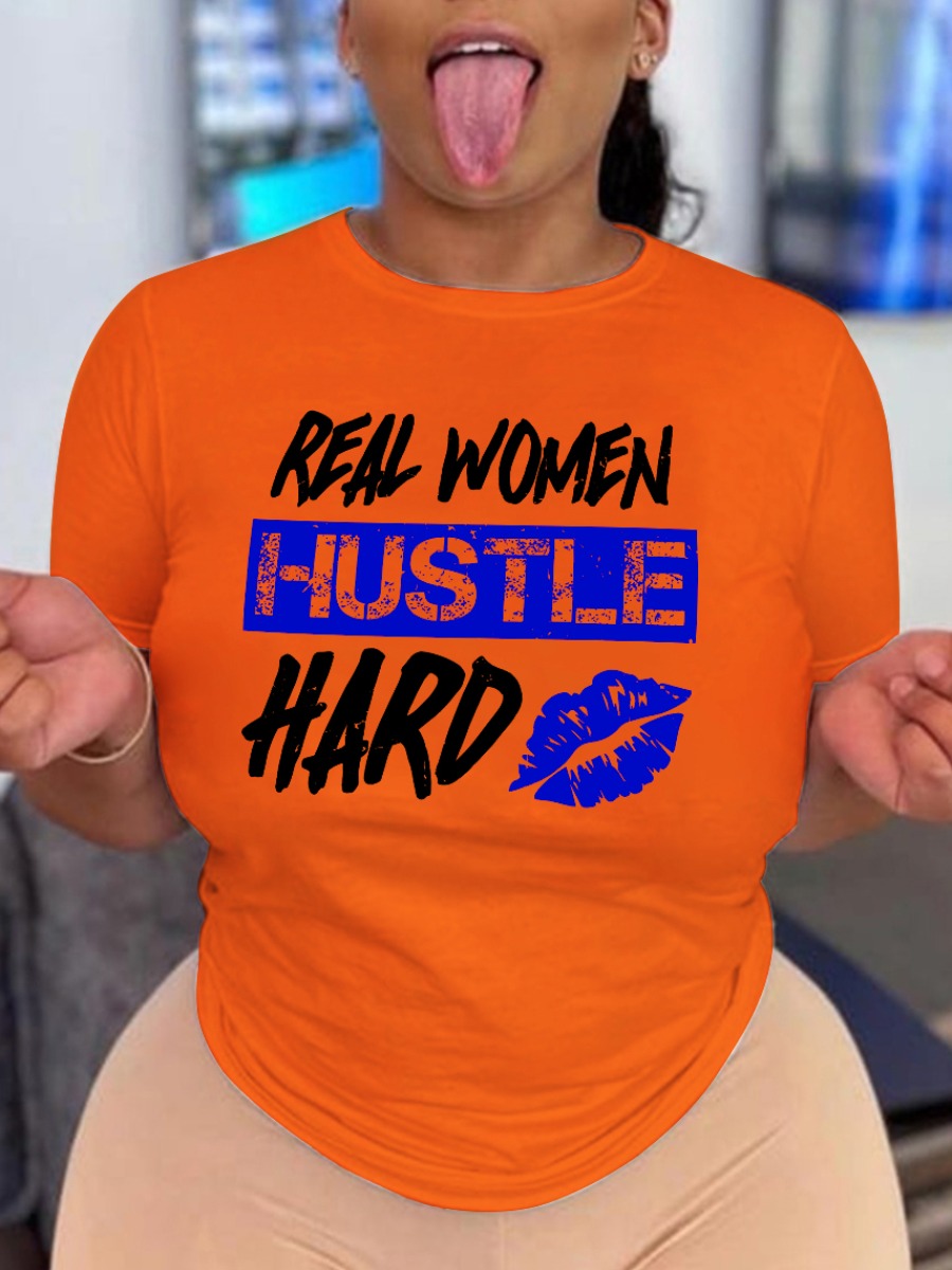 LovelyWholesale Plus Size Lip Letter Print T-shirt Summer Short Sleeve Casual Round Neck  4X Spring Summer 2024