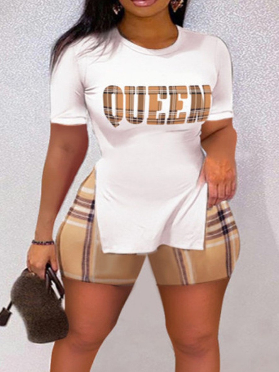 

LW Plus Size Queen Plaid Letter Print Shorts Set, Khaki