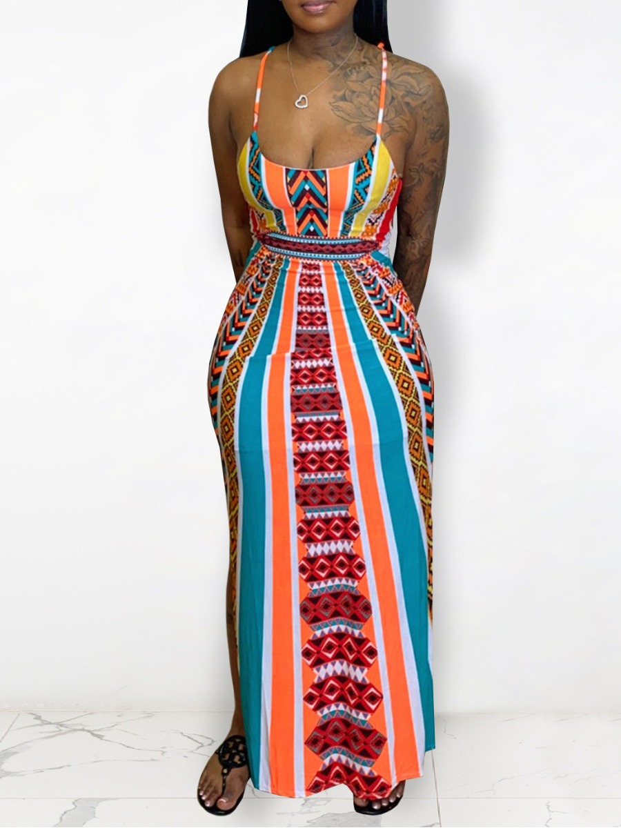 

LW Striped Cut Out A Line Dress, Orange