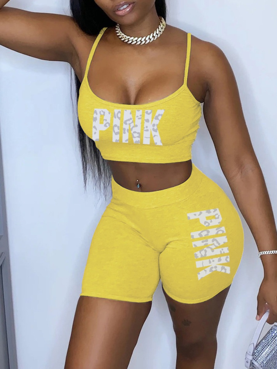 LW Pink Letter Print Crop Top Shorts Set