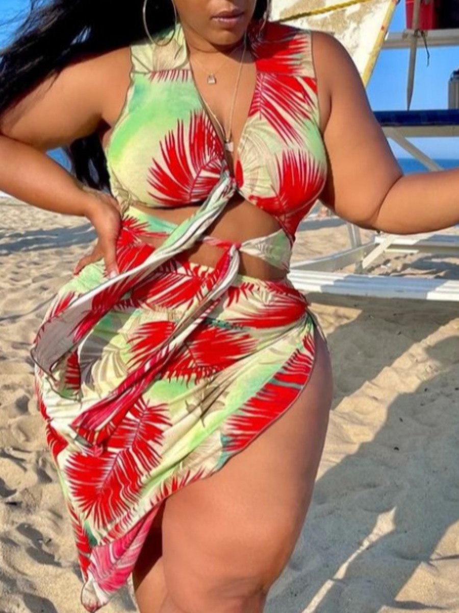

LW Plus Size Floral Print Bandage Design Dress, Red