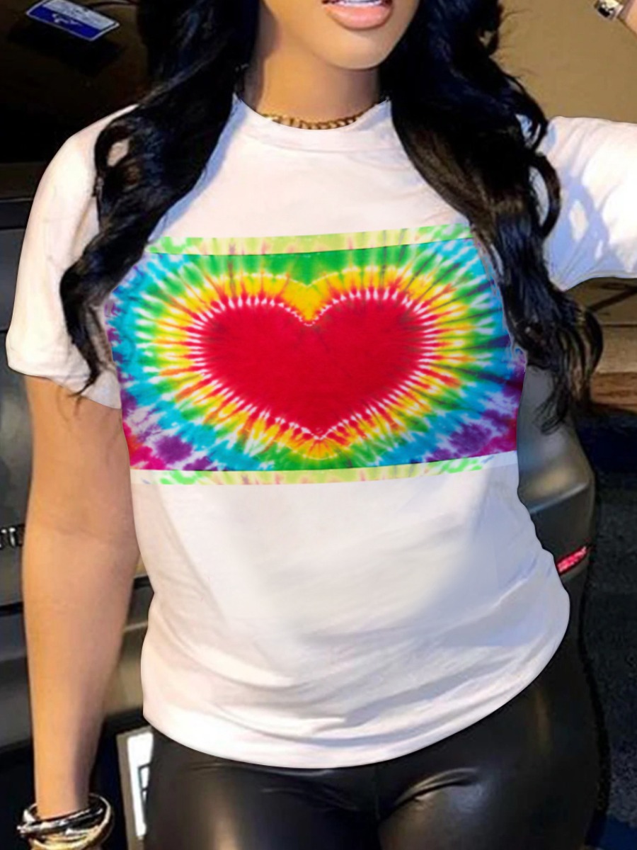 

LW Plus Size Heart Print Tie-dye T-shirt, White