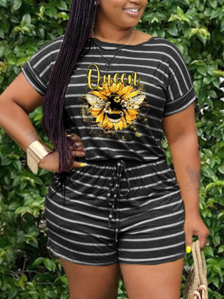 

LW Queen Sunflower Print Striped Romper, Black