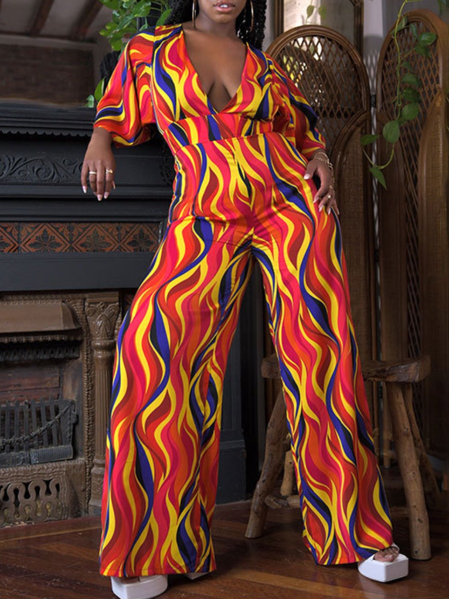 

LW Plus Size Mixed Print Wide Leg Jumpsuit, Red